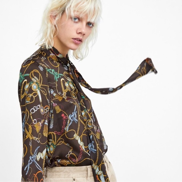 ZARA Chain Detail Button Blouse with Tie Neck Sz M - Picture 7 of 10